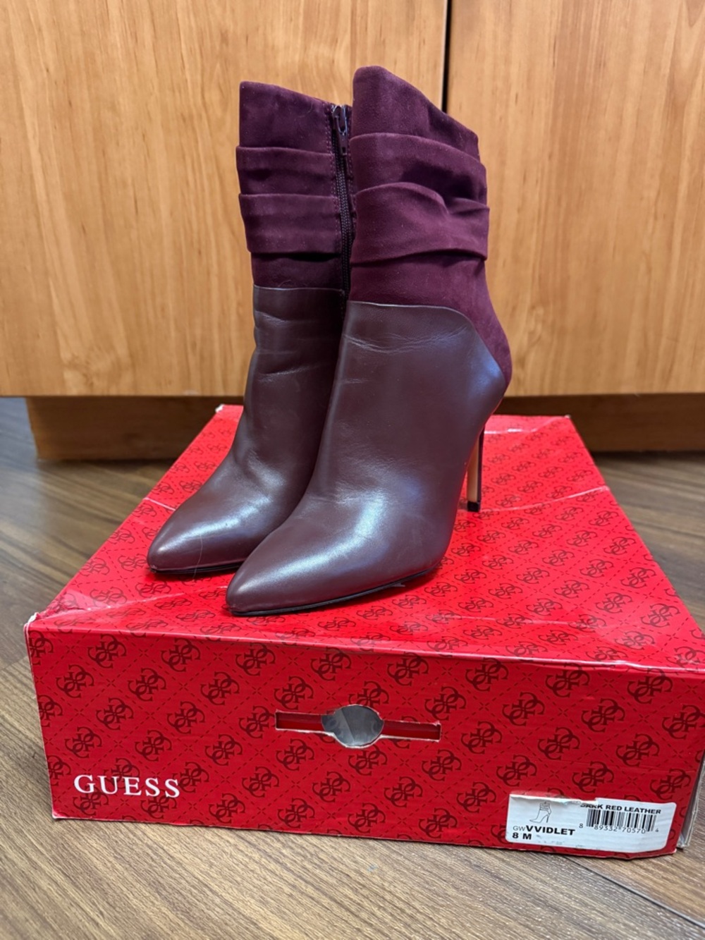 GUESS Burgundy Two-Material Pointed Toe Stiletto Ankle Boots